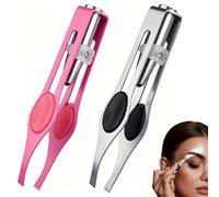 Precision LED Tweezers for Eyebrow & Facial Grooming, 2 Pack Stainless Steel Slanted Tip with Light, Long Professional Pointed Tweezers, for Grooming Home & Travel Use (Pink Silver 2 Pcs)