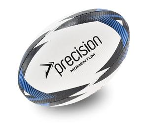 Precision Momentum Rugby Training Ball, Premium Rubber, Hand-Stitched, All-Weather Grip, Extra Strong, Ideal for Clubs and Schools, White|Black|Blue, Size 4