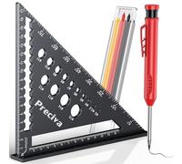 Preciva Set Squares with Pencil, 7inch Speed Square Metric with 14 Types of Drill Holes, 5 in 1 Carpenters Tool for Woodworking, Aluminum Alloy Triangle Ruler for Builders, Joiners