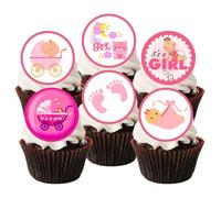 PRECUT 48 Its A Girl Baby Shower Cupcake Toppers Mixed Theme, 3cm Edible Wafer Discs, Premium Thickness SWEETENED VANILLA Wafer Card Mini Cupcake Decorations, Stand Up/Lie Flat