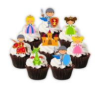 PRECUT Fairytale Cupcake Toppers, Knights Edible Cake Decorations, Princess Birthday Party Decorations, Dragon Cake Topper, Dragon Cake Decorations, Princess Castle Cake Decoration (Pack of 12)