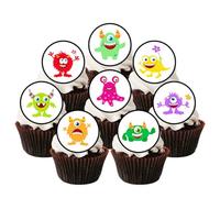 PRECUT Monsters Edible Cupcake Toppers - Cute Monsters Theme - wafer card disc cake decorations (Pack of 12)