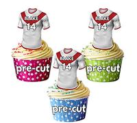 PRECUT Personalised Rugby Shirts With Your Chosen NAME & NUMBER - Edible Cupcake Toppers/Cake Decorations St Helens Colours (Pack of 24)