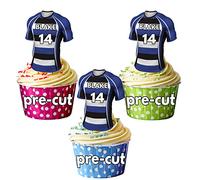 PRECUT Personalised Rugby Shirts With Your Chosen NAME & NUMBER - Edible Cupcake Toppers/Cake Decorations Bath Colours (Pack of 24)