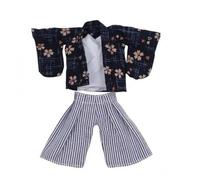 predolo 1/12-Scale Kimono Outfit Printed Pattern Miniature Doll Outfit Japanese-Style Miniature Clothing , Dark Blue Kimono With Pink Cherry Blossoms, White Inner Shirt, Striped Short Pants