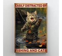 Preeklen Easily Distracted By Fishing And Cats Funny Wall Decor For Home Bars Pubs Cafes Retro Art Sign Rusty Metal Tin Sign 8x12 Inch