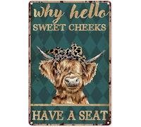 Preeklen Highland Cow Decor Why Hello Sweet Cheeks Have A Seat Highland Cow Tin Sign Decoration Vintage Chic Metal Poster Wall Decor Art Gift For Bathroom Bedroom Kitchen Party 8x12 Inch