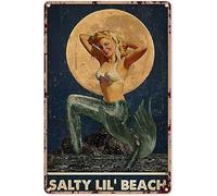 Preeklen Mermaid Decor Bedroom Sexy Mermaid Pinup Girl Salty Lil' Beach Metal Sign Decor Tin Aluminum Sign 8x12 Inch