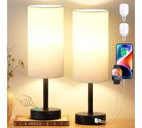 PreeOtti Bedside Lamps Set of 2, Dimmable White Bed Side Lamp with 2 USB Charging Ports, Black Base (Bulbs Included)