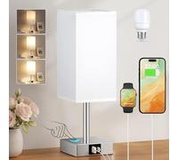 PreeOtti White Bedside Lamp, Touch Lamp for Bedroom/Living Room/Study, Silver Base(Bulb Included)