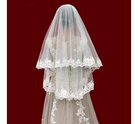 PREETH Bridal Veils 2 Tier Wedding Veil with Blusher Soft Elbow Length Lace Edge Short Communion Girls Veils Tulle Wedding Wedding (Color : Ivory)