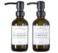 Prefdo 2 Pack 9 Oz/250ml Amber Glass Soap Dispenser with Metal Pump, Bathroom Lotion Bottles Set with 12PCS Waterproof Labels, for Hand Soap, Dish Soap, Shampoo and Conditioner (Amber)