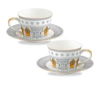 Prefdo Ceramic Tea Cups and Saucers Set of 2, Coffee Mug for Home Kitchen Office Coffee Shop Tea Party, 220ml/7.7oz, Personalized Architectural Pattern