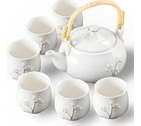 Prefdo Japanese Porcelain Tea Set with 1 Teapot, 6 Tea Cups, Cute Asian Tea Set Kung Fu Tea Service for Women/Men/Tea Lover (Cherry Blossom Pattern)