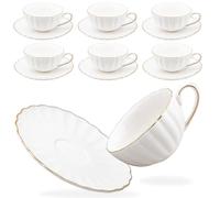 Prefdo Porcelain Tea Cups and Saucers Set of 6, British Style Ceramic Tea Cup Coffee Mug Espresso Cup White Tea Cup Set for Women Home Kitchen Office Coffee Shop Tea Party, 200ml/7 OZ