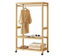 Preferspace Amboo Clothes Rack on Wheels, Heavy Duty Garment Rack with 2-Tier Shelf, Freestanding Open Wardrobe for Hanging Clothes(98cm/38.9in)