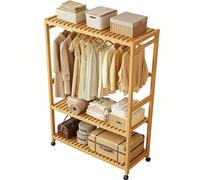 Preferspace Bamboo Clothes Rack on Wheels with Side Hooks, Rolling Garment Rack with 2-Tier Shelf, Freestanding Open Wardrobe for Hanging Clothes(83cm/32.7in)