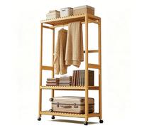 Preferspace Bamboo Clothes Rack with 2 Tier Storage Shelves, Freestanding Open Wardrobe Closet, Garment Hanging Stand for Living Room Bedroom(83cm/32.7in)