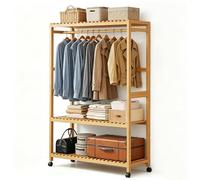 Preferspace Bamboo Clothes Rail on Wheels, Freestanding Garment Rack with Storage Shelves, Rolling Open Wardrobe for Entryway Bedroom(98cm/38.9in)