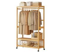 Preferspace Bamboo Clothing Rack, Open Wardrobe with Shoe Rack, Rolling Freestanding Clothes Rail on Wheels, Wooden Closet for Hanging Clothes(83cm/32.7in)