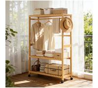 Preferspace Bamboo Coat Stand Rack with Hanging Rod and Storage Shelves, Freestanding Open Wardrobe on Wheels, 63 Inch Tall, for Hallway Entryway Home Office(98cm/38.9in)