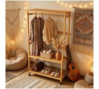 Preferspace Bamboo Coat Stand with Shoe Storage, 63 Inch Tall Heavy Duty Hall Tree, Adjustable Shelf & 360° Swivel Wheels, Freestanding Open Wardrobe for Hallway Bedroom(83cm/32.7in)