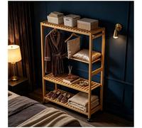 Preferspace Bamboo Coat Stand with Storage Shelves, 63 Inch Tall for Long Coats, Adjustable Shelf & 360° Wheels, Freestanding Open Wardrobe for Hallway Entryway(83cm/32.7in)