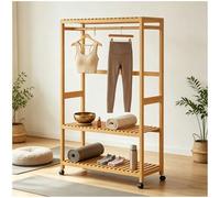 Preferspace Bamboo Garment Rack with Hooks & Shoe Storage, 63 Inch Tall Adjustable Shelf, Smooth Rolling Casters, Freestanding Open Wardrobe(98cm/38.9in)