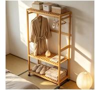 Preferspace Bamboo Open Wardrobe on Wheels, Heavy Duty Clothes Rack with Hanging Rod and 2 Shelves, 63 Inch Tall for Long Dresses, Freestanding for Bedroom Entryway(83cm/32.7in)