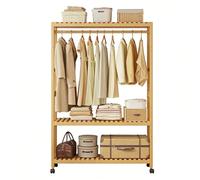 Preferspace Bamboo Open Wardrobe with Wheels, Stable Freestanding Clothes Rail with Hanging Rod and 2 Storage Shelves, 63 Inch Tall, for Bedroom Entryway Bathroom(98cm/38.9in)