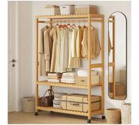 Preferspace Bamboo Rolling Clothes Rack on Wheels, Heavy Duty Garment Rack with Shelves, 200 lbs Capacity, Smooth Mobility, Portable Open Wardrobe, Natural(83cm/32.7in)