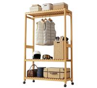 Preferspace Bamboo Rolling Garment Rack on Wheels, Mid-Century Freestanding Clothes Hanging Stand, Glossy Finish Open Wardrobe, Hardware Included(98cm/38.9in)