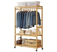 Preferspace Bamboo Solid Wood Clothing Rack with Wheels, Heavy Duty Garment Rack with 2-Tier Shelf for Commercial and Home Use, Rolling Clothes Rail(83cm/32.7in)