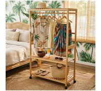 Preferspace Heavy Duty Bamboo Clothes Rack with Wheels, 2-Tier Freestanding Open Wardrobe, 63 Inch Tall, Holds 220 lbs, Adjustable Shelf for Bedroom Entryway Laundry(83cm/32.7in)