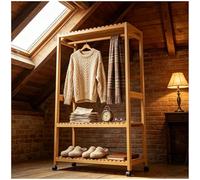 Preferspace Heavy Duty Bamboo Clothing Rack on Wheels, Open Bamboo Wardrobe with Shoe Rack, 63 Inch Tall, Holds 220 lbs for Bedroom Mudroom Entryway(83cm/32.7in)