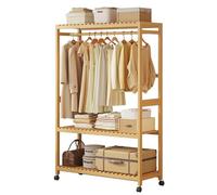 Preferspace Heavy Duty Bamboo Clothing Rack with Shelves, Rolling Open Wardrobe for Hanging Clothes, 200 lbs Capacity Garment Rack for Small Bedroom(83cm/32.7in)