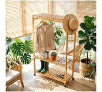 Preferspace Rolling Bamboo Clothes Rack, Mid-Century Freestanding Open Wardrobe, 63 Inch Tall Heavy Duty 220 lbs, Adjustable Shelf 360° Casters for Bedroom Laundry Retail(83cm/32.7in)