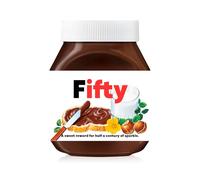 Prefilled Custom Text Sticker Wrapper For Jar Chocolate Gift Set - Matte Vinyl Stickers & Labels for 350 g Hazelnut Spread Jars - Birthday Hamper & Chocolate Gifts (Fifty (fits jar 350 g))