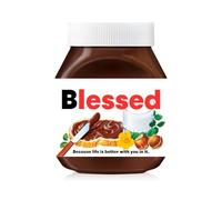 Prefilled Custom Text Sticker Wrapper For Jar Chocolate Gift Set - Matte Vinyl Stickers & Labels for 350 g Hazelnut Spread Jars - Birthday Hamper & Christmas Gifts (Blessed (fits jar 350 g))