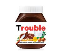 Prefilled Custom Text Sticker Wrapper For Jar Chocolate Gift Set - Matte Vinyl Stickers & Labels for 350 g Hazelnut Spread Jars - Birthday Hamper & Christmas Gifts (Trouble (fits jar 350 g))