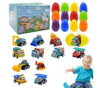 Prefilled Easter Eggs - Easter Classroom Prize Supplies | 2 Egg Stuffed Pieces | Pre-Filled Toy | Pull Back Construction Vehicle, Cartoon Car For Kids Aged 3-8 Years Old