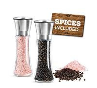 Prefilled Stainless Steel Salt and Pepper Grinder Two Piece Set - Includes Himalayan Salt and Quality Black Pepper - Glass and Stainless Steel Mill - Large Capacity Shakers - Top Loading By Mason Mil
