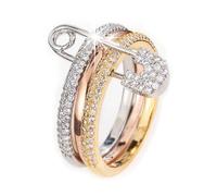 Pregeckit Fashion Safety Pin Stackable Rings for Women CZ Cubic Zirconia Paved Multi-Link Connected Statement Rings Chunky Stacking Jewelry Gift (Silver and Gold,9)