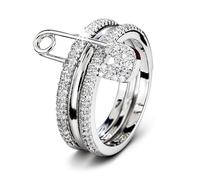 Pregeckit Fashion Safety Pin Stackable Rings for Women CZ Cubic Zirconia Paved Multi-Link Connected Statement Rings Chunky Stacking Jewelry Gift (Silver,8)