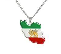 Pregeckit Iran Map Flag Pendant Necklace Stainless Steel Persian Iranian Lion Sun Charm Lightweight Persian Jewelry Gift, L, Stainless Steel, No Gemstone