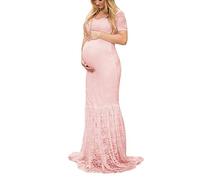Pregnancy Dress Pregnant Women Photography Pregnant Split Front Clothing Dress Photo Shoot Dress Maternity Lace V Neck Pregnancy Maxi Dress (Color : Rosa, Size : M)