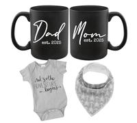Pregnancy Gift Est 2025 - New Mommy and Daddy Est 2025 11 oz Mug Heart Set with "And So The Adventure Begin" Romper (0-3 Months) Top Mom and Dad Gift Set for New and Expecting Parents to Be