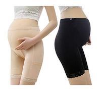 Pregnancy Shorts Women Plus Size Under Skirt Leggings Shorts Maternity High Waist Anti-Friction Safety Panties Belly Support Adjustable Waist Band Lace Knickers Briefs with Pockets Black, Beige