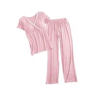 Pregnant Pyjamas Sets Sales Women's Maternity Loungewear Suits Comfy V-Neck Short Sleeve T-Shirt with Pads + Elastic Waist Drawstring Trousers 2-Piece Homewear Set Pink