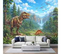 Prehistoric Jungle Wallpaper Mural 500W x 280H cm, Fantasy Dinosaur T Rex Coniferous Forest Fern Wall Poster Photo Wallpaper Mural 3D Effect Dark Green Wall Art Poster for Bedroom Living Room